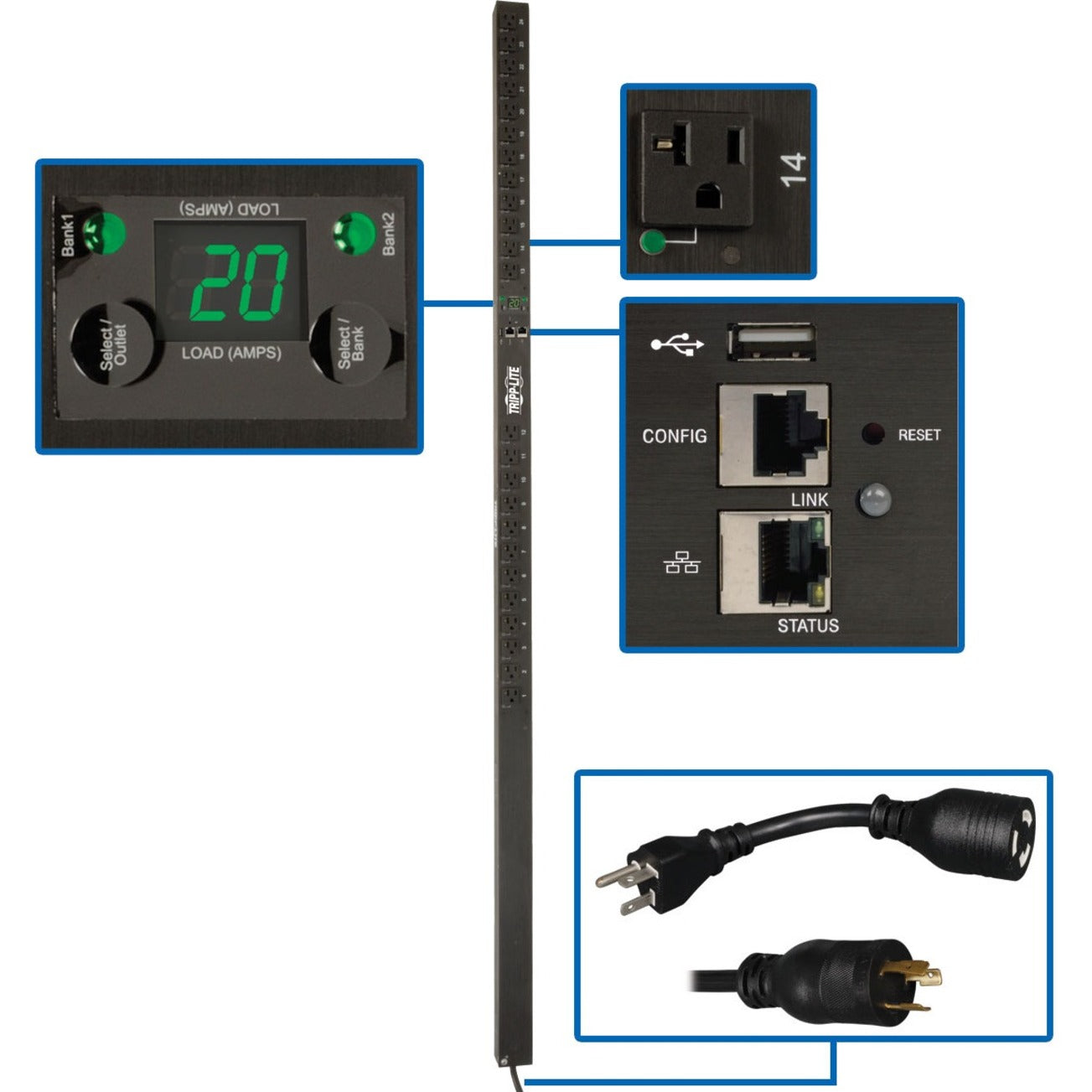 Digital load meter display and network interface ports of Tripp Lite PDU showing amperage reading and connectivity options-alternate-image1