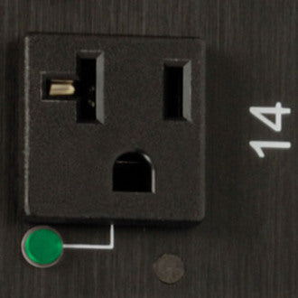 Close-up of PDU outlet with LED status indicator and retention features