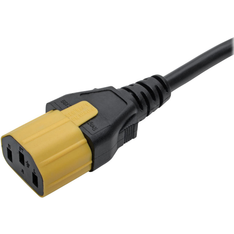 Yellow plug-lock insert installed on a C13 power cord connector showing secure fit