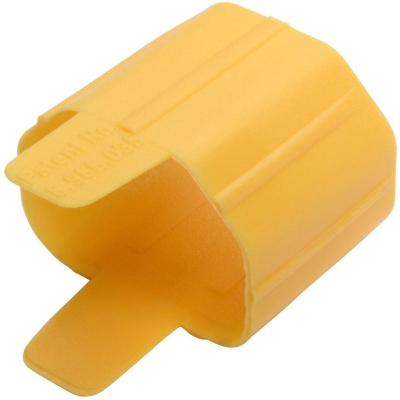 Close-up view of yellow Tripp Lite PLC14YW plug-lock insert showing its distinctive design and pull tabs