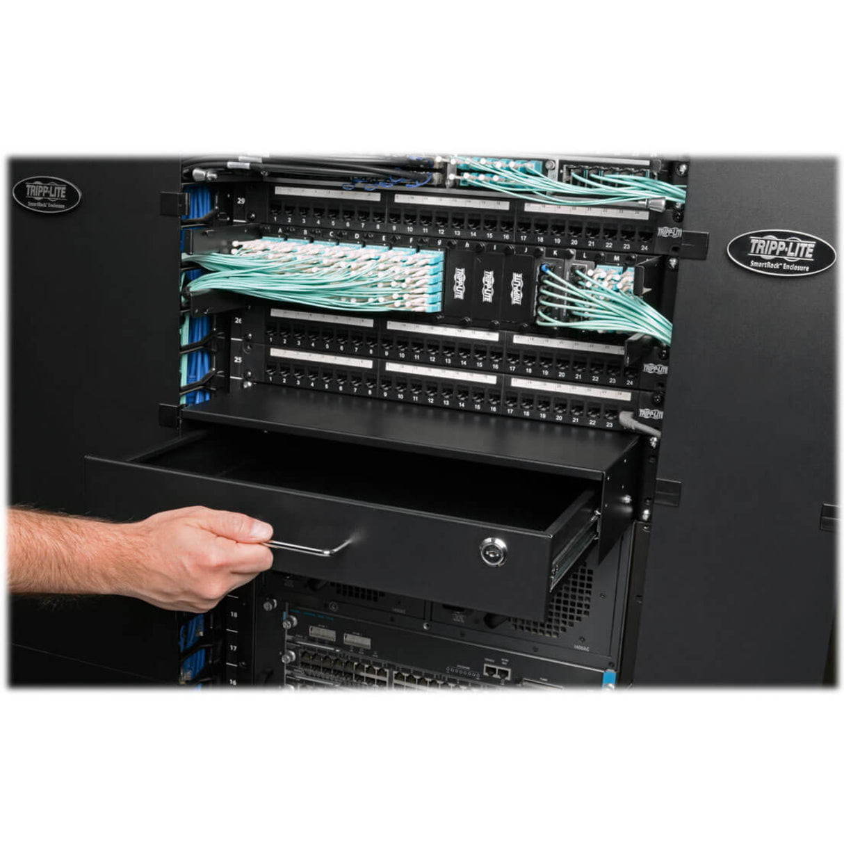 Hand opening the SmartRack drawer in data center environment-alternate-image6