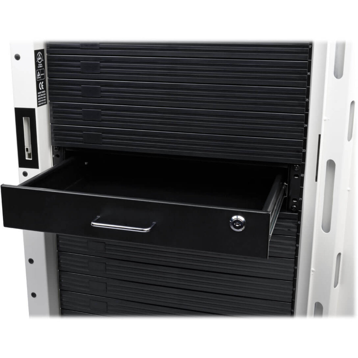 Tripp Lite SRDRAWER2U SmartRack 2U Låsbart Rack-Mount Opbevaringsskuffe 17.8" Dybde 17.2" Bredde 3.5" Højde 19" Rack Bredde Sort Pulverbelægning