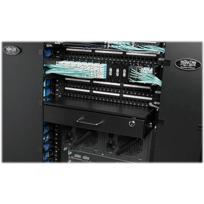 SRDRAWER2U installed in active data center rack with patch panels