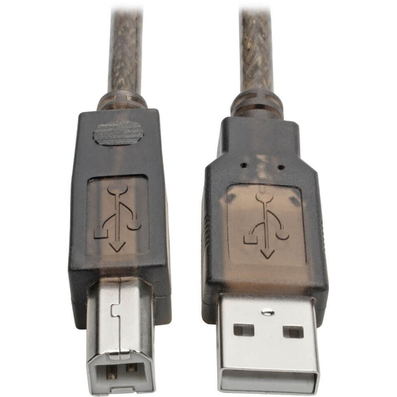 Close-up of USB Type-A and Type-B gold-plated connectors with EMI/RFI shielding