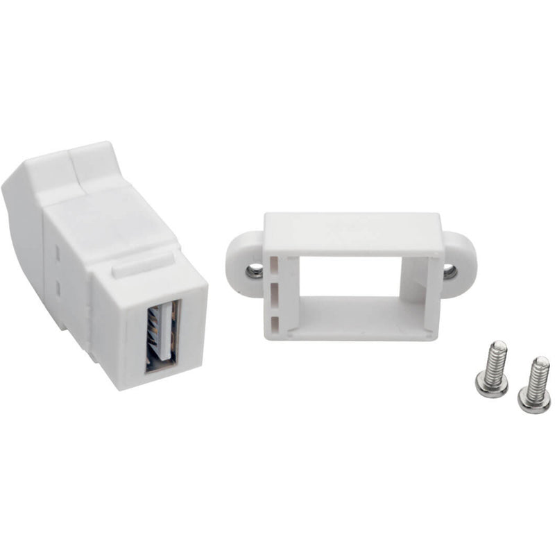 USB coupler components showing keystone jack and panel mount adapter with mounting screws