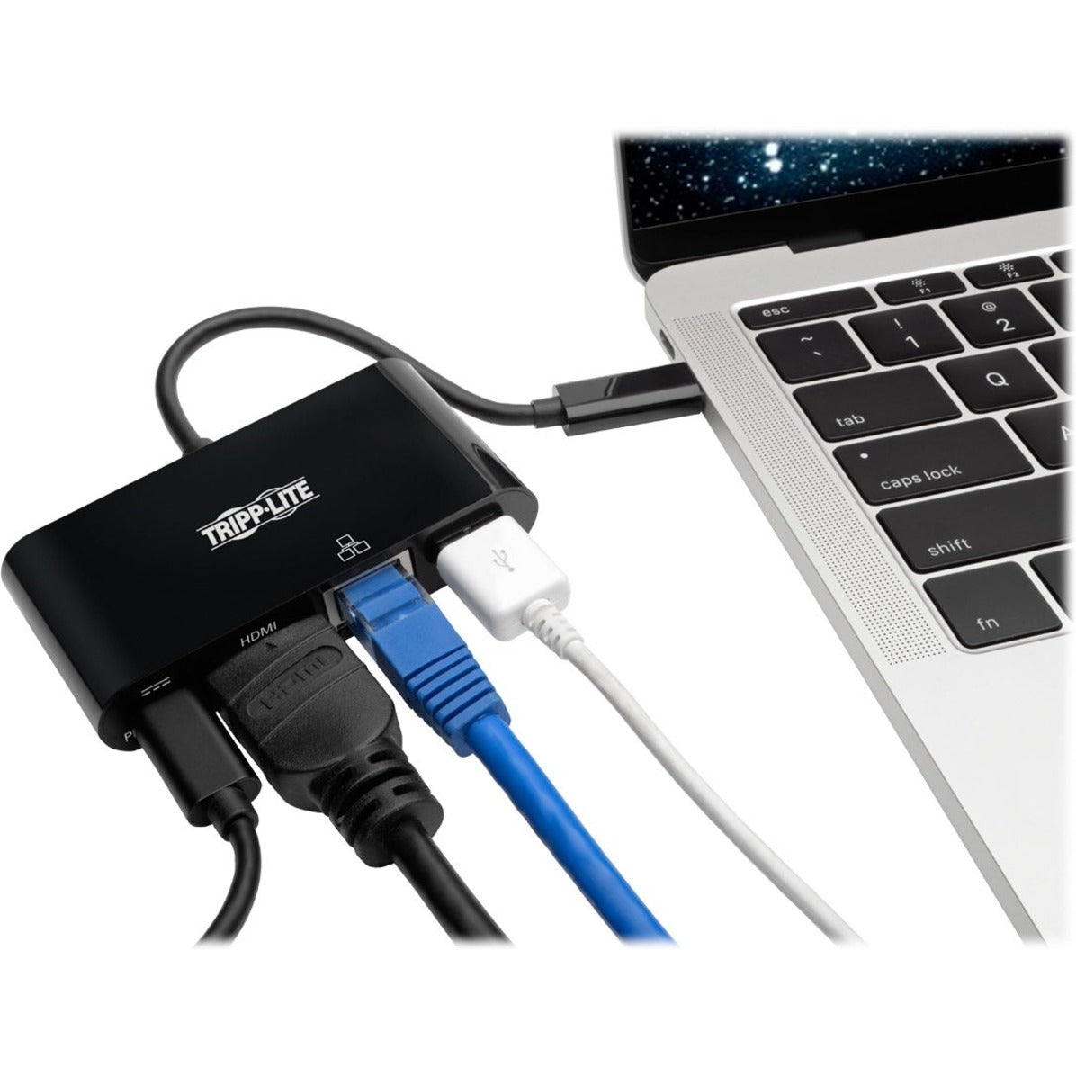 Tripp Lite adapter connected to laptop with multiple cables attached-alternate-image5