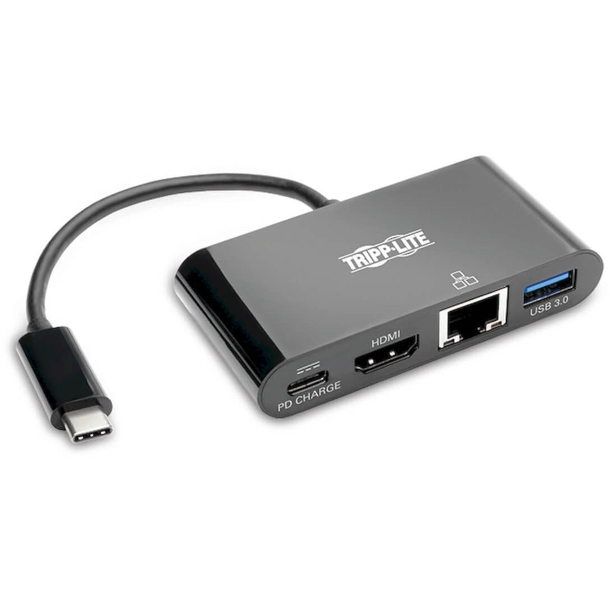 Tripp Lite USB-C multiport adapter showing HDMI, USB 3.0, Ethernet and PD charging ports-alternate-image1