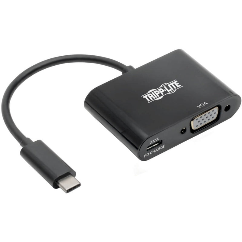 Tripp Lite USB-C to VGA adapter with Power Delivery port shown from angled view