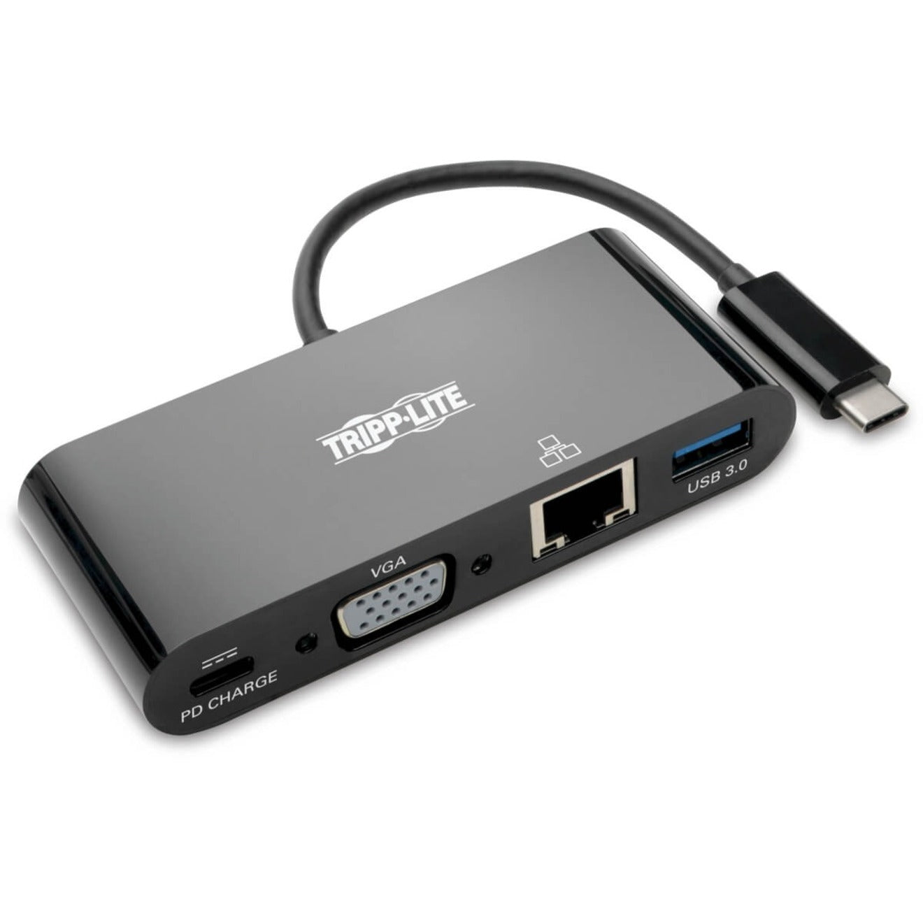 Tripp Lite USB-C docking station showing VGA, USB 3.0, Ethernet ports and USB-C connector-alternate-image1