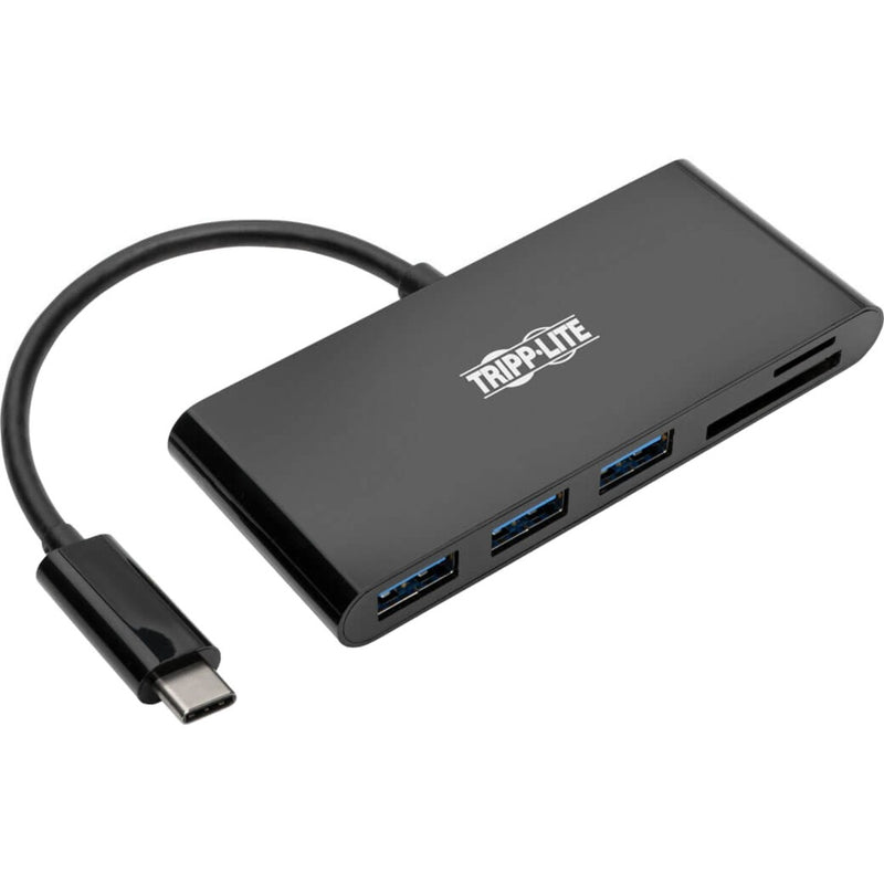 Tripp Lite USB-C hub adapter showing three USB-A ports and card reader slot in black finish