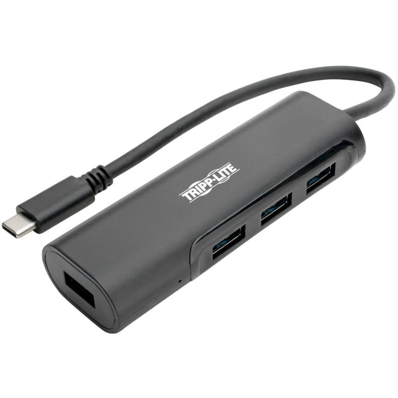 Tripp Lite 4-port USB 3.1 hub with USB-C connector showing sleek black design and multiple USB-A ports