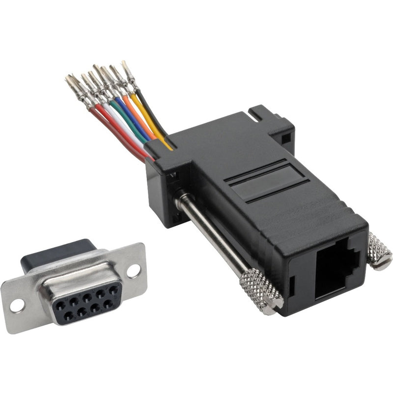 Tripp Lite P440-89FF DB9 to RJ45 adapter showing color-coded wires and both connector ends