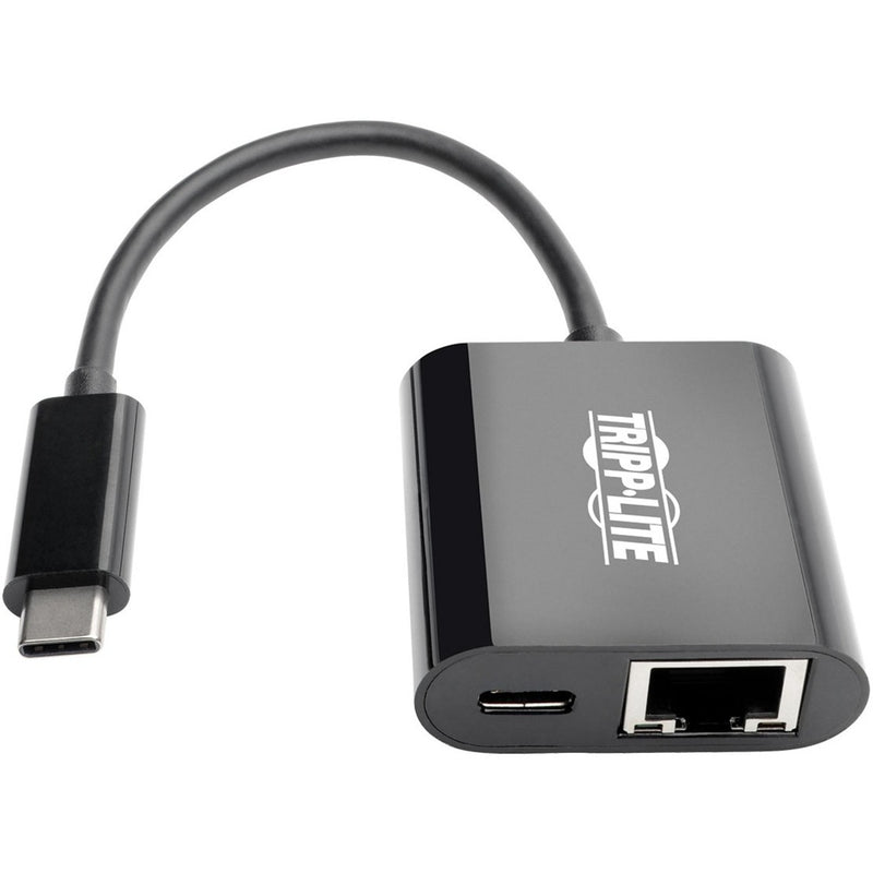 Angled view of Tripp Lite USB-C network adapter showing port layout and compact design