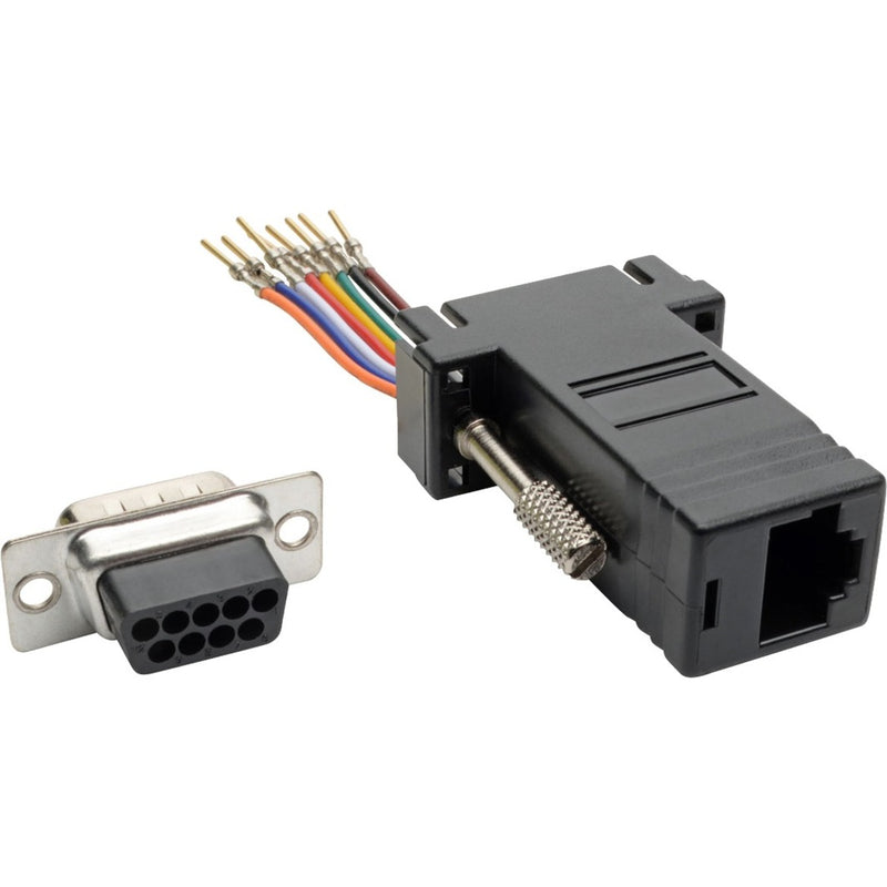 DB9 male to RJ45 female adapter with color-coded wires and knurled thumbscrews