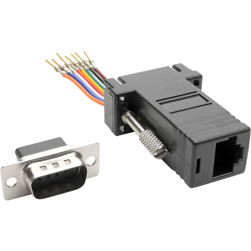 Side view of DB9 male connector and RJ45 female port adapter with mounting points