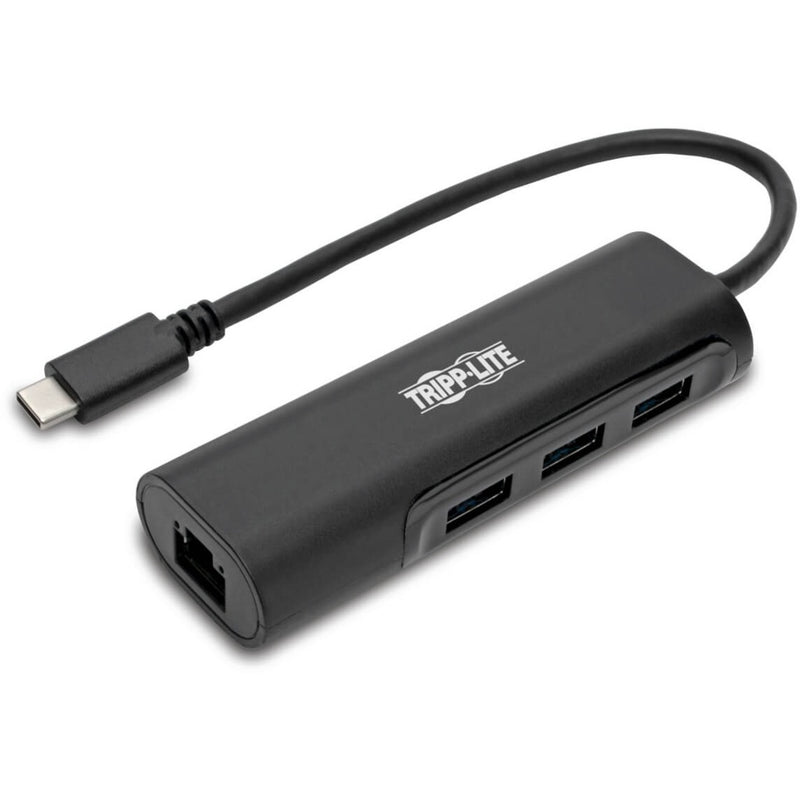 Tripp Lite USB-C Gigabit Ethernet adapter showing USB-C connector and multiple USB ports