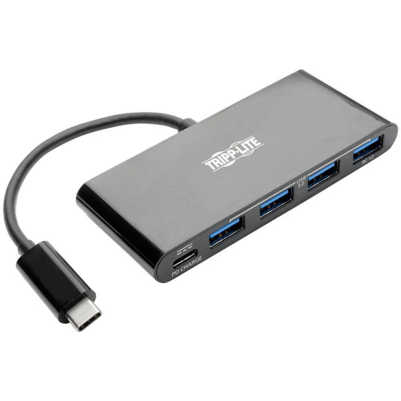 Tripp Lite 4-port USB 3.1 hub with USB-C connector and Power Delivery charging port shown from angled view