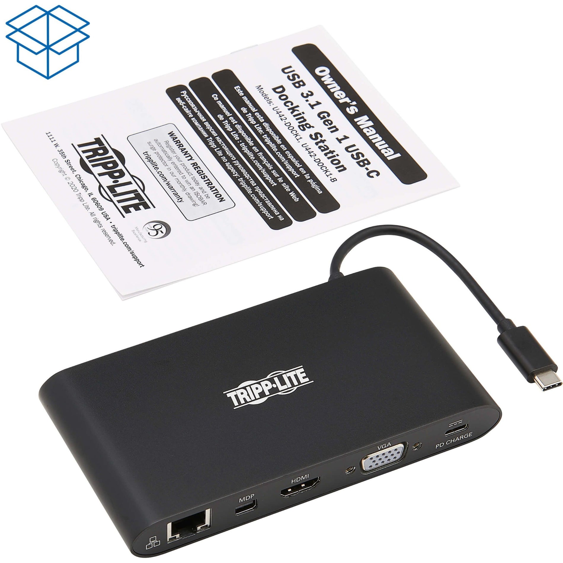 Estação de ancoragem USB C Tripp Lite U442-DOCK1-B HDMI 4K VGA Thunderbolt USB 3.0 RJ-45 Saída de linha de áudio Fonte de alimentação de 60W