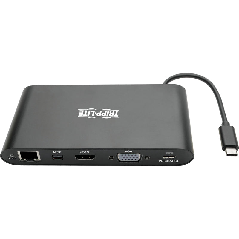 Rear view of Tripp Lite docking station showing HDMI, Mini DisplayPort, VGA, and Ethernet ports