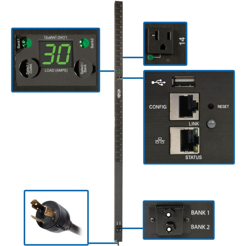 Digital control interface of PDU showing LED amp display and bank control buttons