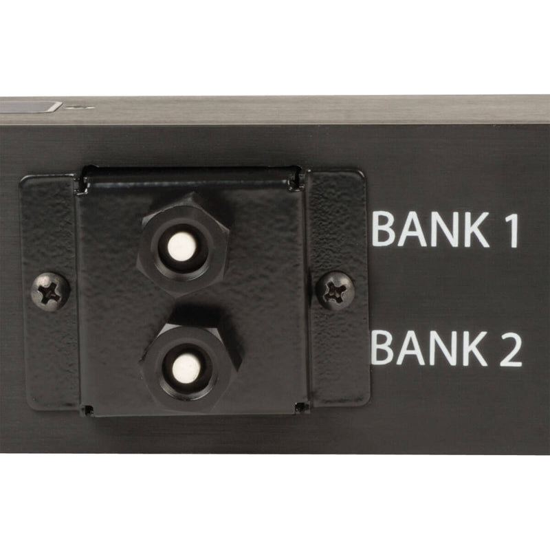 Close-up of PDU dual bank configuration with labeled Bank 1 and Bank 2 sections