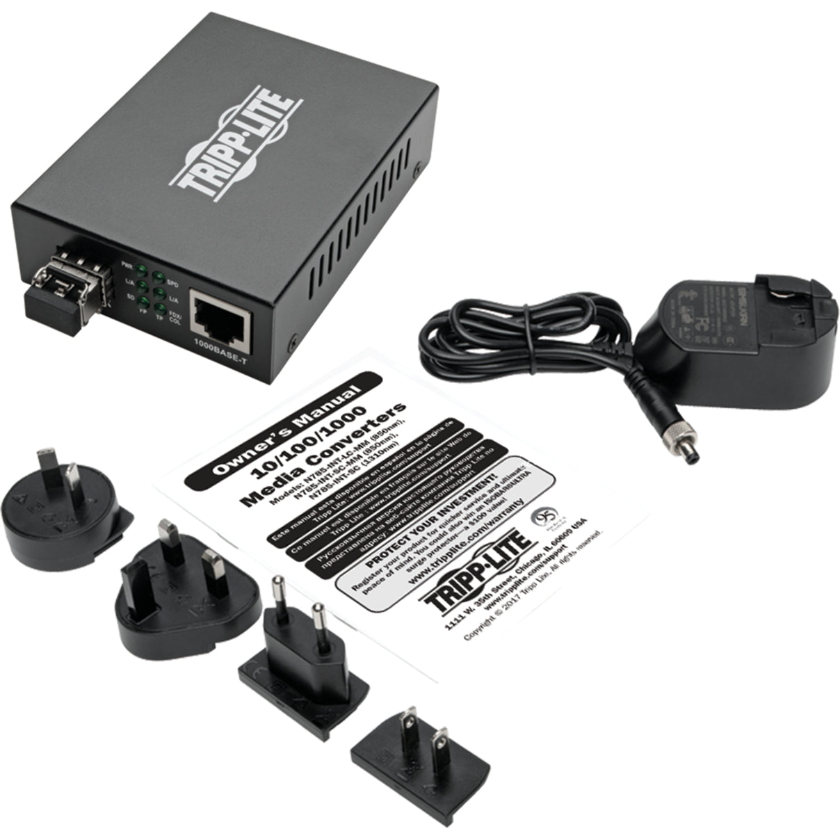 Complete package contents of N785-INT-LC-MM media converter with accessories-alternate-image8