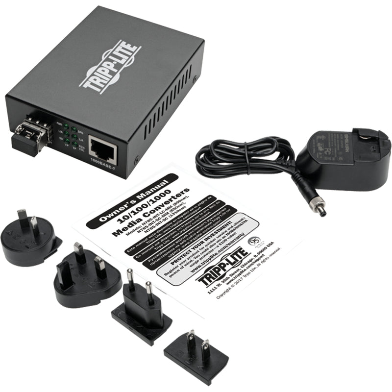 Complete package contents of N785-INT-LC-MM media converter with accessories