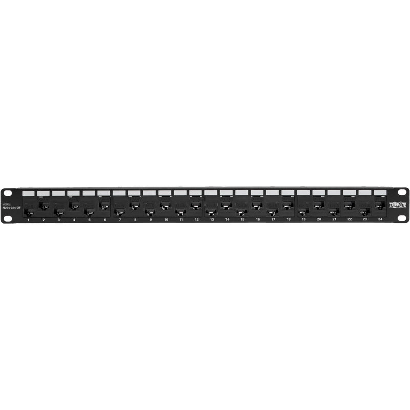 Top view of N254-024-OF patch panel displaying numbered ports and feed-through design