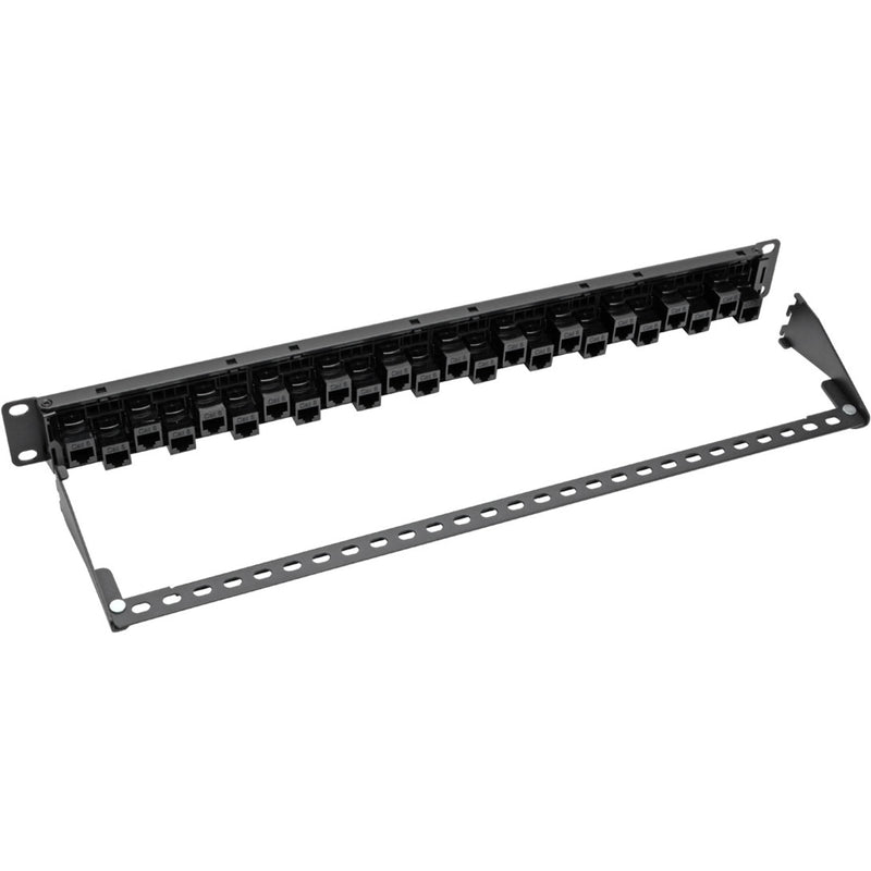 Exploded view of N254-024-OF patch panel showing detachable cable management bar