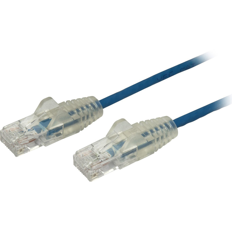 Close-up view of slim blue CAT6 ethernet cable with transparent snagless RJ45 connectors