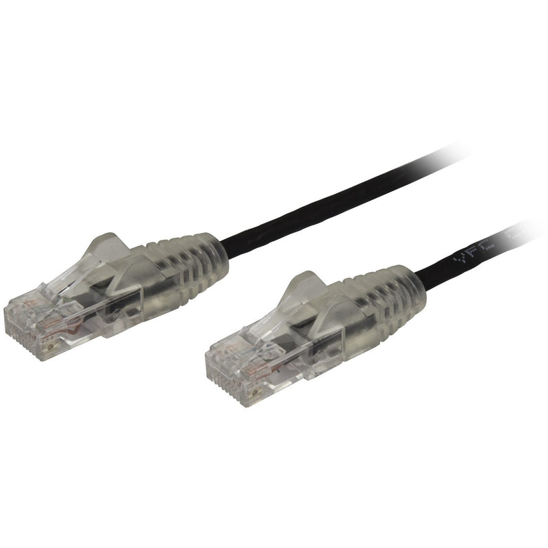 Close-up view of StarTech.com Cat6 patch cable showing slim black cable and transparent snagless RJ45 connectors