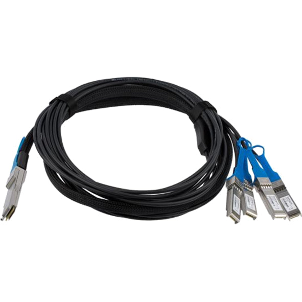 Full length view of StarTech.com 3-meter QSFP+ to 4x SFP+ breakout cable showing cable construction and connectors