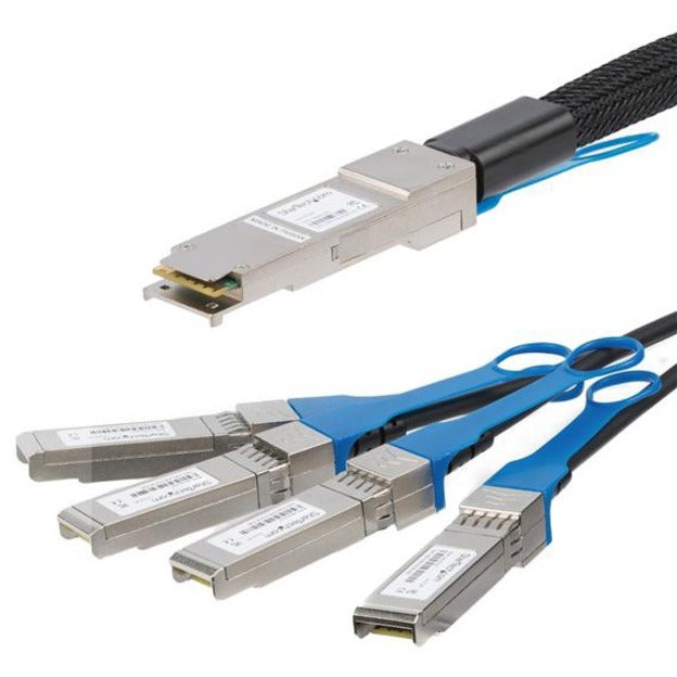 Close-up view of StarTech.com QSFP+ to 4x SFP+ breakout cable connectors showing metal construction and blue pull tabs