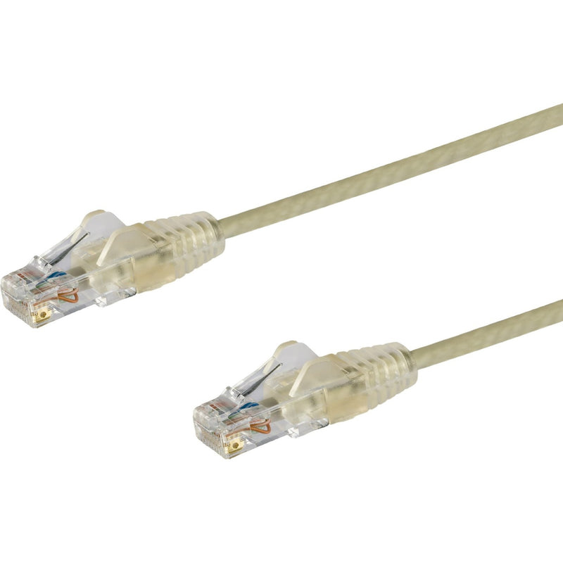 Close-up view of StarTech.com Cat6 patch cable's gold-plated RJ45 connectors with snagless boots