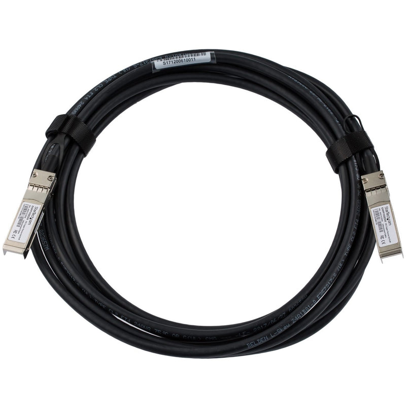 Full view of StarTech.com 16.4ft black twinaxial network cable with SFP+ connectors and integrated cable management