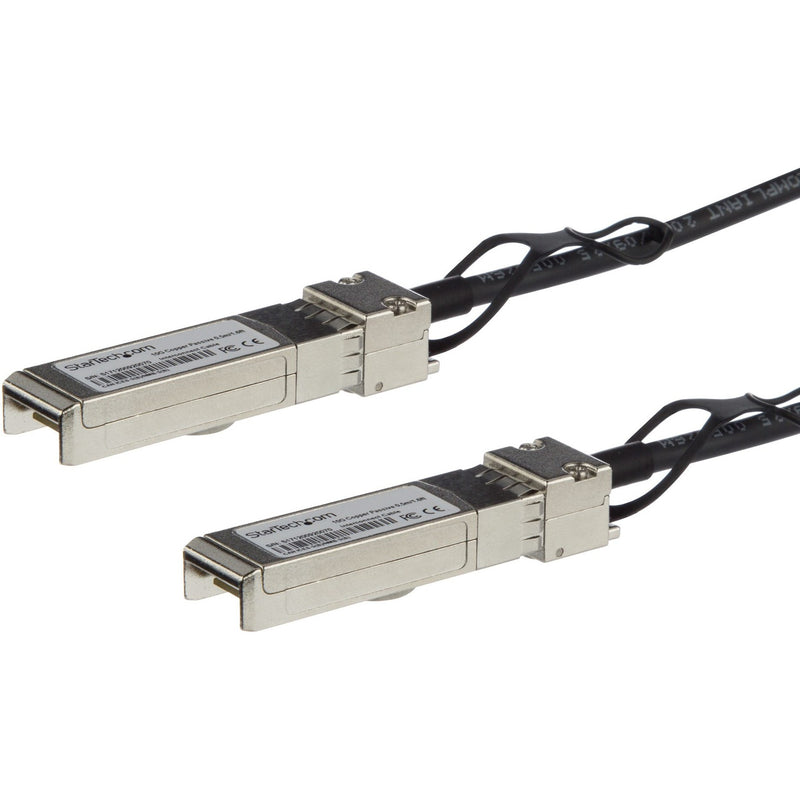 Close-up view of StarTech.com SFP+ network cable connectors showing metal housing and latching mechanism