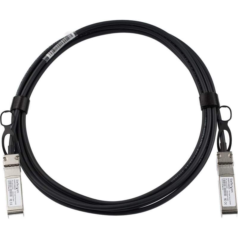 Full length view of StarTech.com 3-meter SFP+ twinaxial cable showing flexible design and both connectors