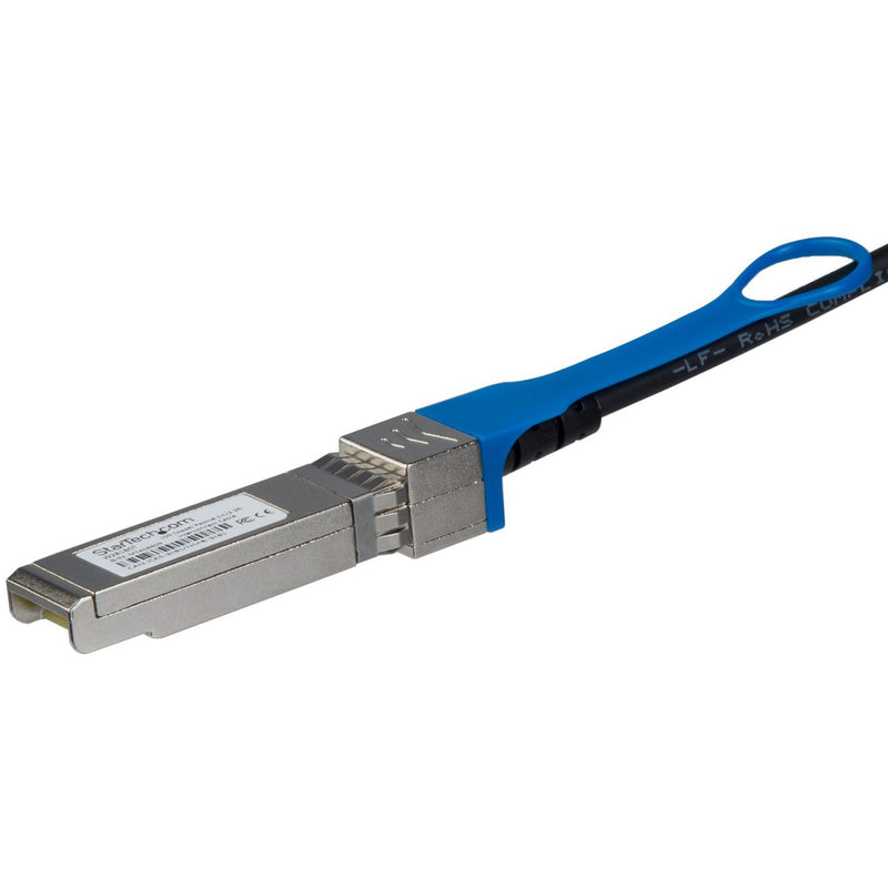 Close-up view of StarTech.com SFP+ connector with blue pull tab and metal housing