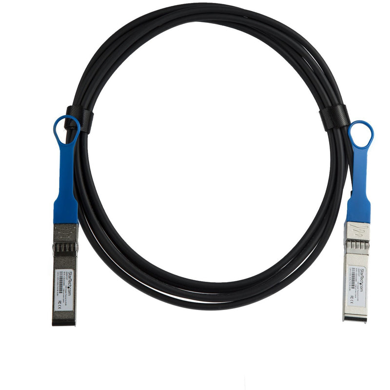 Full length view of StarTech.com JD097CST twinaxial network cable showing both SFP+ connectors