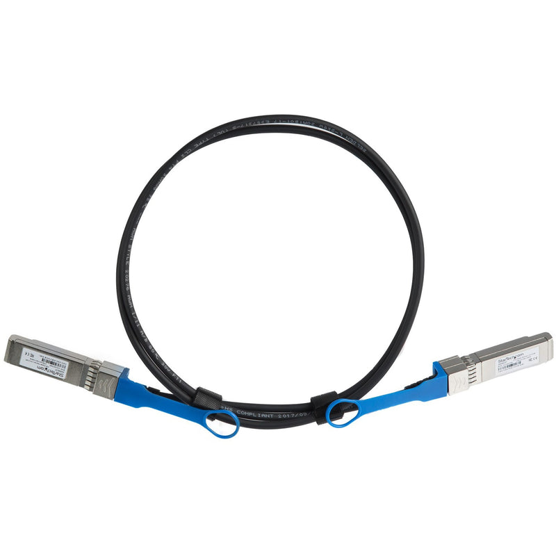 Full-length view of StarTech.com JD096CST twinaxial cable showing both SFP+ connectors and black cable assembly