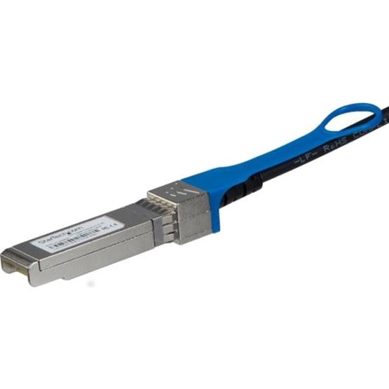 Close-up view of StarTech.com JG081CST SFP+ connector with blue pull tab and metallic housing