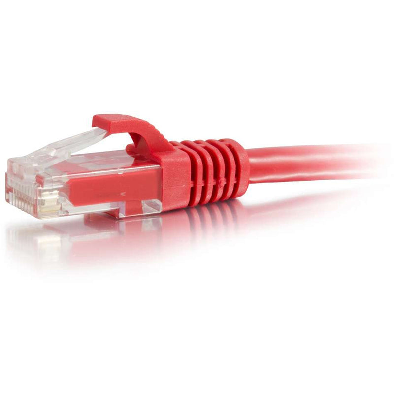 Side profile of red Cat6 ethernet cable showing strain relief boot and cable jacket transition