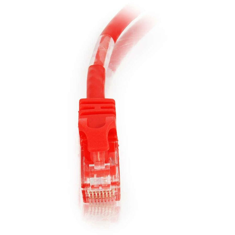 Detailed view of red Cat6 ethernet cable RJ45 connector showing internal wiring and contacts