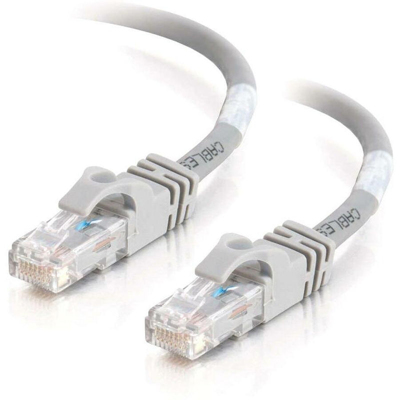 Close-up view of two RJ-45 connectors on gray Cat6 crossover cable showing clear housing and pin configuration