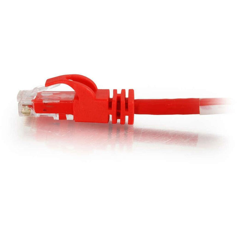 Side profile of red Cat6 crossover cable connector showing strain relief and snagless boot design