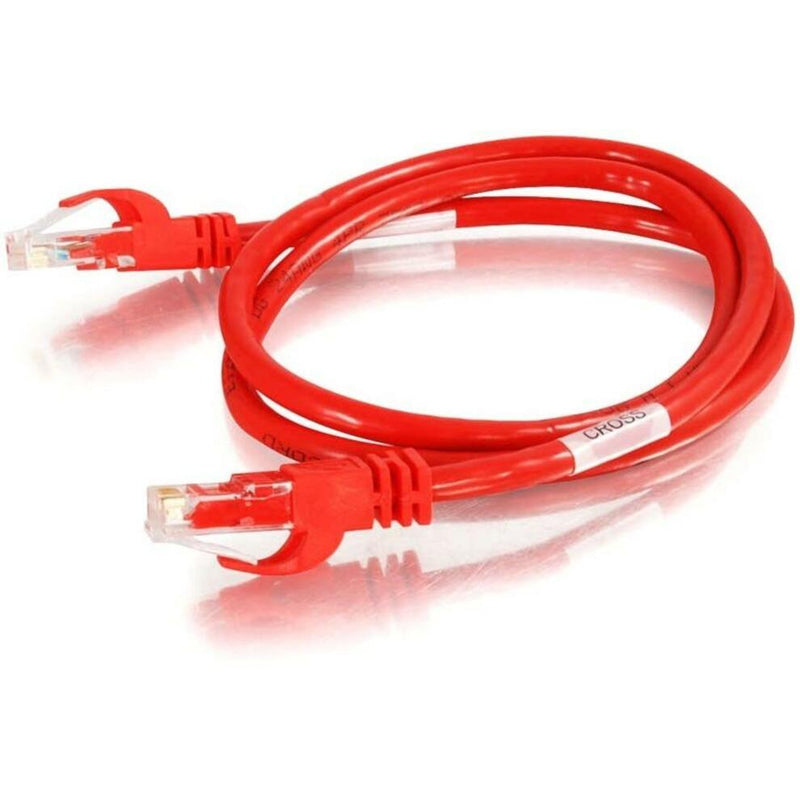 Red Cat6 crossover ethernet cable with transparent RJ45 connectors coiled in a circular pattern