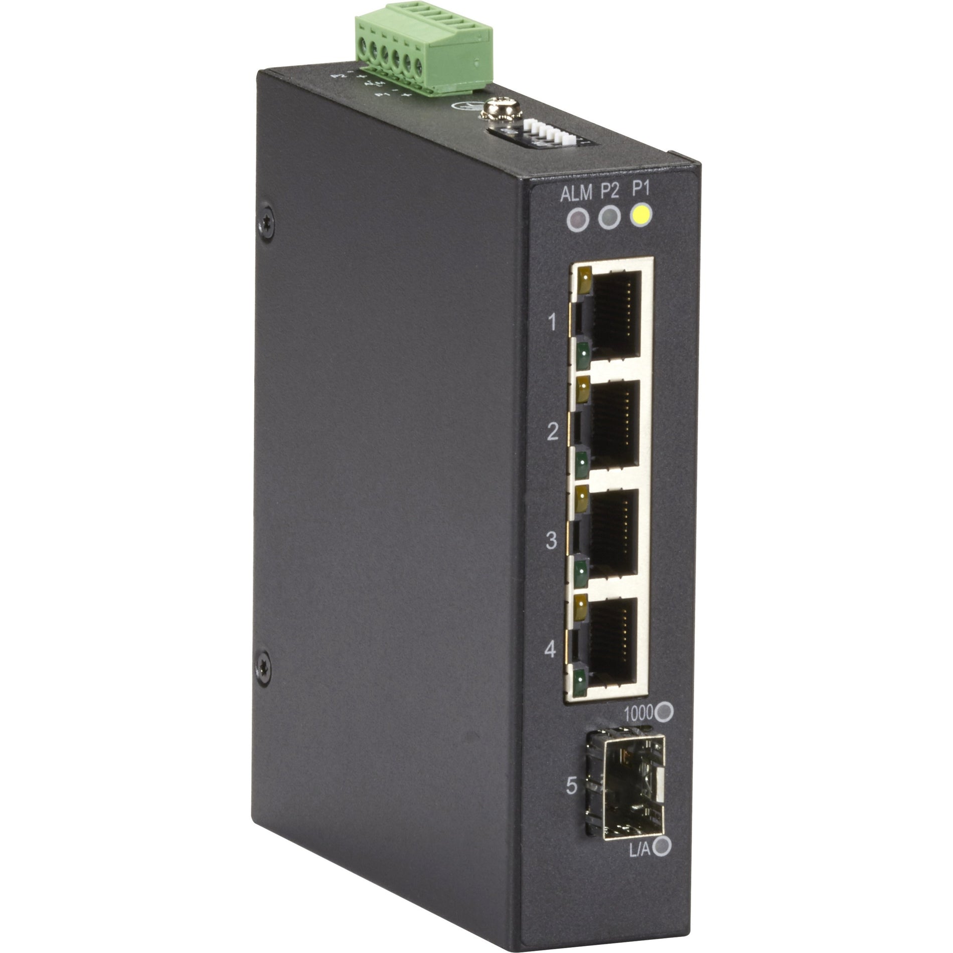 Front view of Black Box LIG401A industrial ethernet switch showing four RJ-45 ports, one SFP slot, and status LEDs-alternate-image1