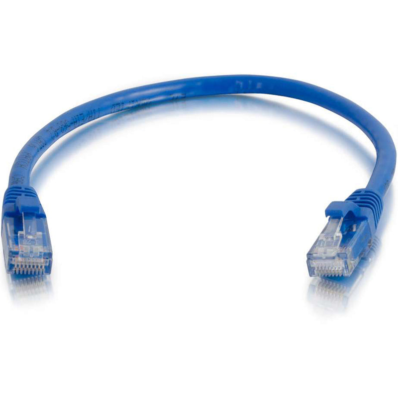 Full length view of blue Cat6 ethernet patch cable showing both connectors