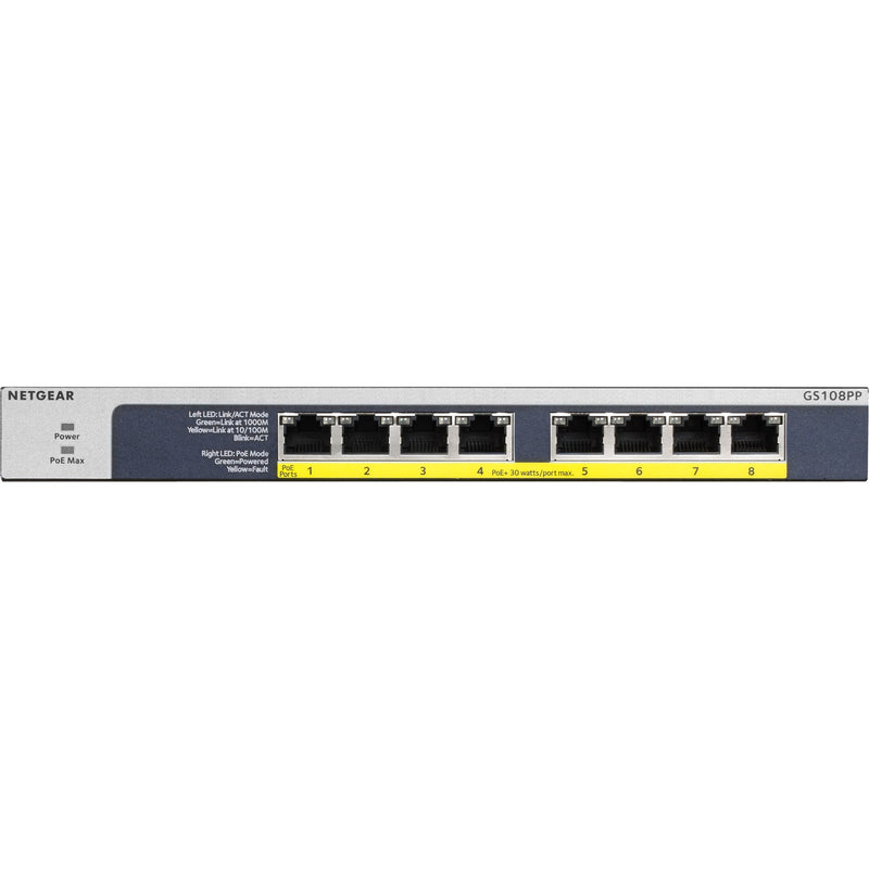 Close-up front view of NETGEAR GS108PP switch highlighting port numbers and LED indicators