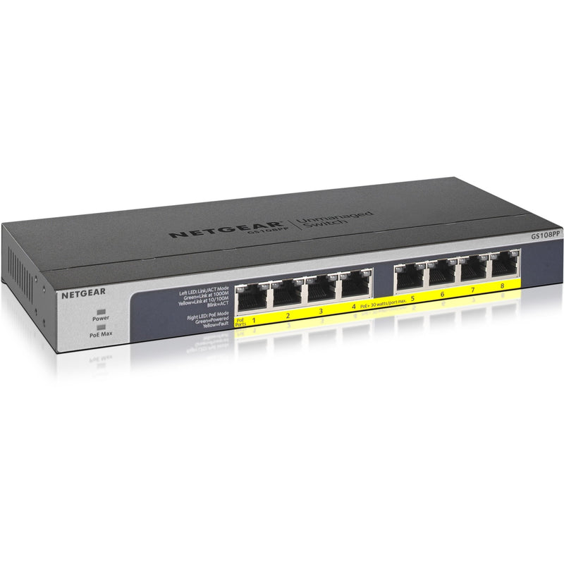 Front view of NETGEAR GS108PP 8-port Gigabit PoE+ switch showing 8 Ethernet ports with yellow-highlighted PoE+ indicators